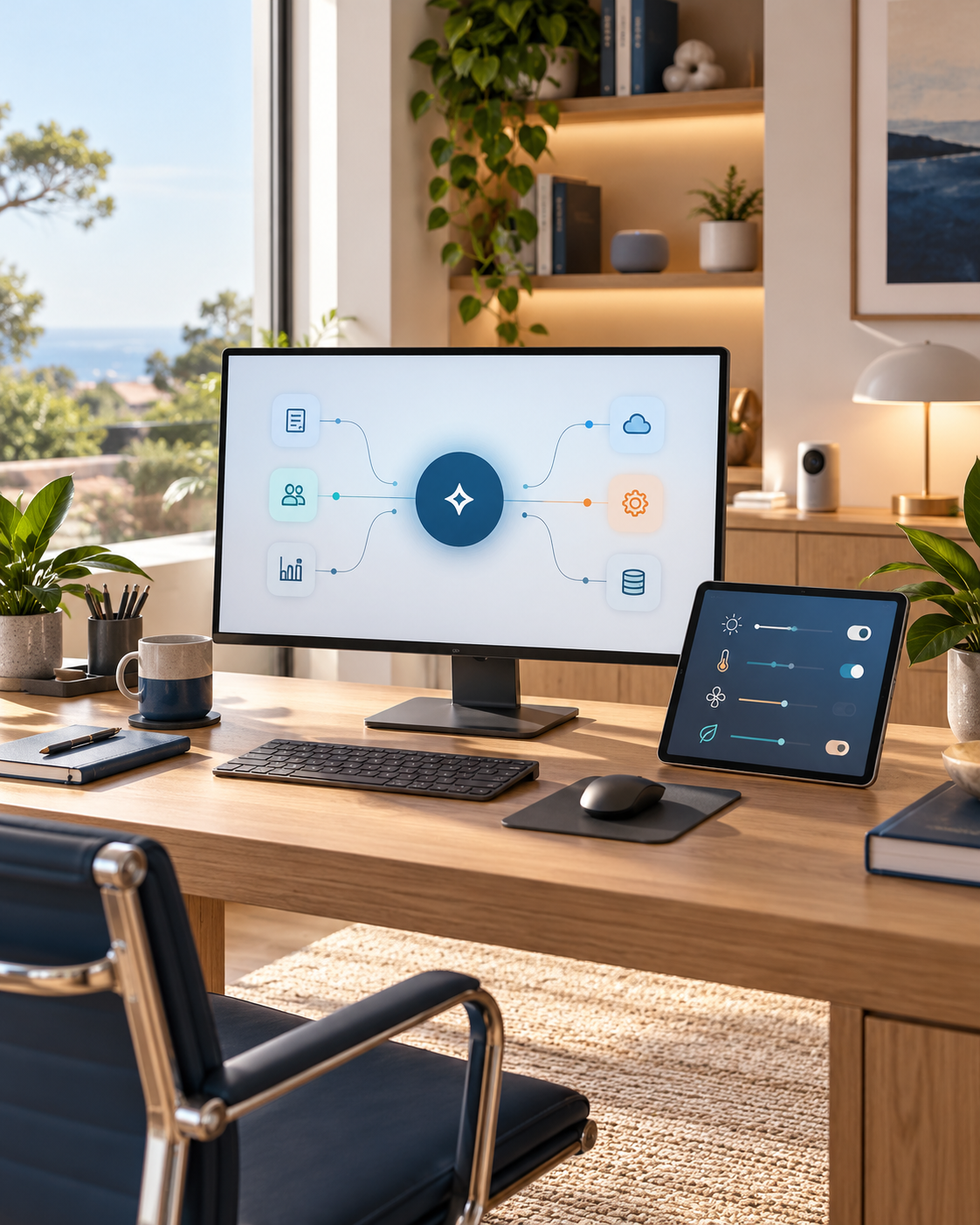 Illustrative AI, automation and smart technology workspace with connected controls